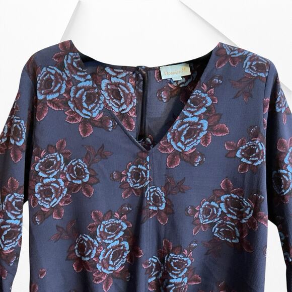 "Veronica M"-Blouse Top Wo men's Size XS Blue Wine Bell Sleeves V-Neck Tie Front - Picture 4 of 13